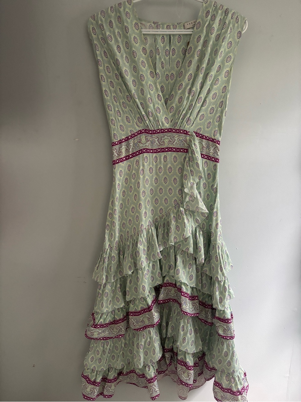 Sandro Light Green Paisley High-Low Ruffle Dress with Magenta Trim